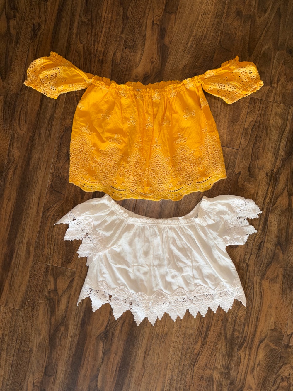 White and Mustard Eyelet and Lace Off-Shoulder Crop Tops - Set of 2